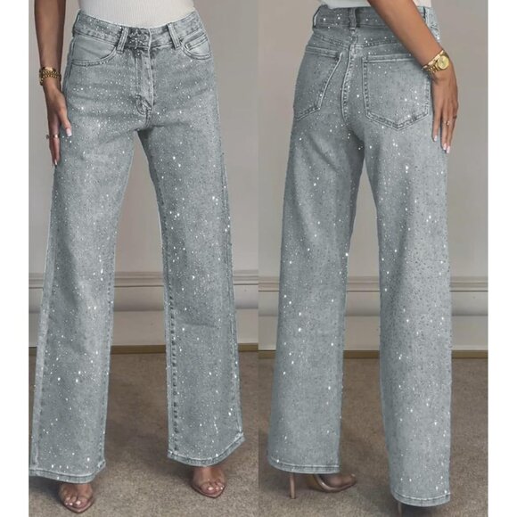 Women Rhinestone High Waisted Jeans Baggy Wide Leg Sparkly Glitter Pants - Picture 6 of 6